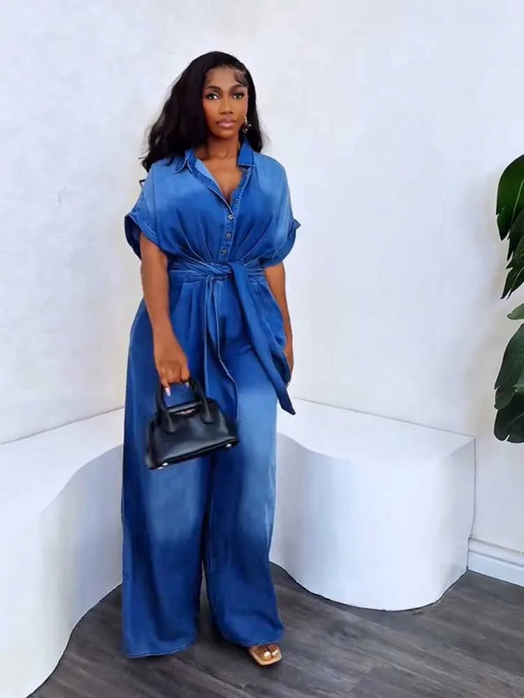 FZ Women's Soft Fabric One Piece High Waist Wide Denim Jumpsuit