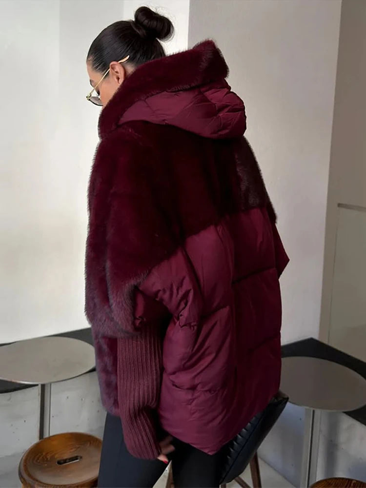 FZ Women's Hooded Patchwork Cotton Faux Fur Oversize Knitted Cuffs Jacket