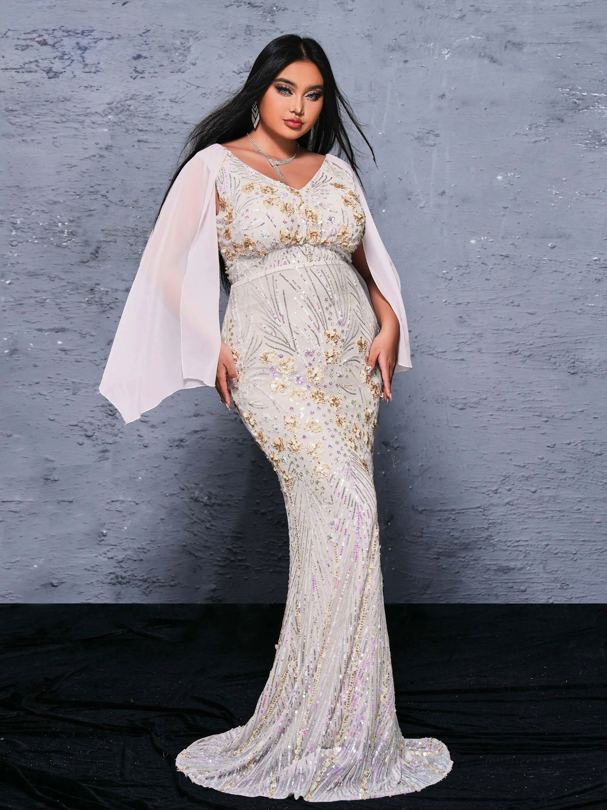 FZ Women's Plus Size V Neck Sequin Mermaid Floor Length Evening Dress