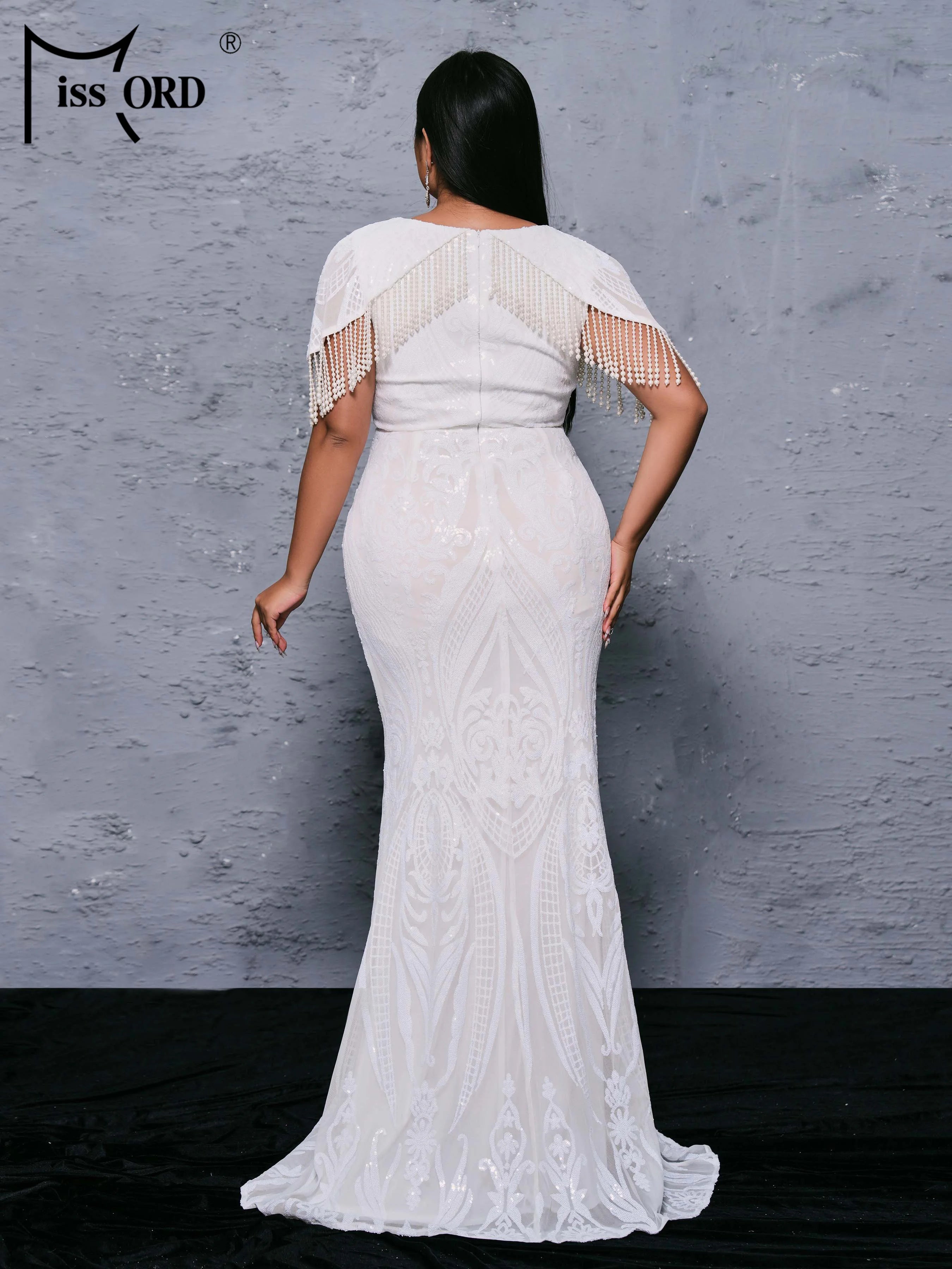 FZ Women's Plus Size V Neck Tassel Mermaid Evening Dress
