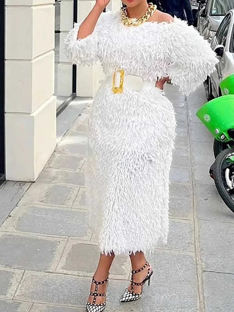 FZ Women's Long Sleeve Off Shoulder Faux Fur Winter Evening Dress