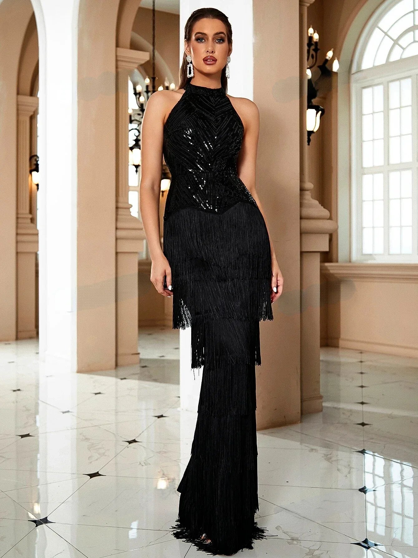 FZ Women's Halter Neck Fringe Trim Mermaid Hem Sequin Evening Dress