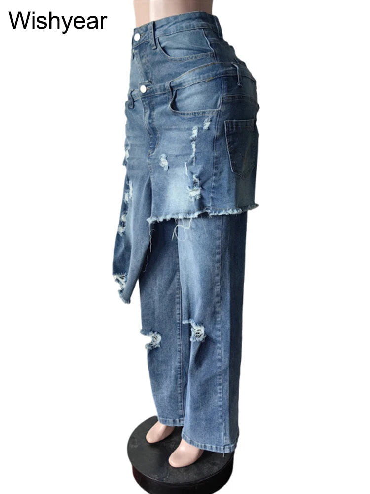 FZ Women's Apron Perforated Straight Wide Leg Streetwear Stretch Denim Pants