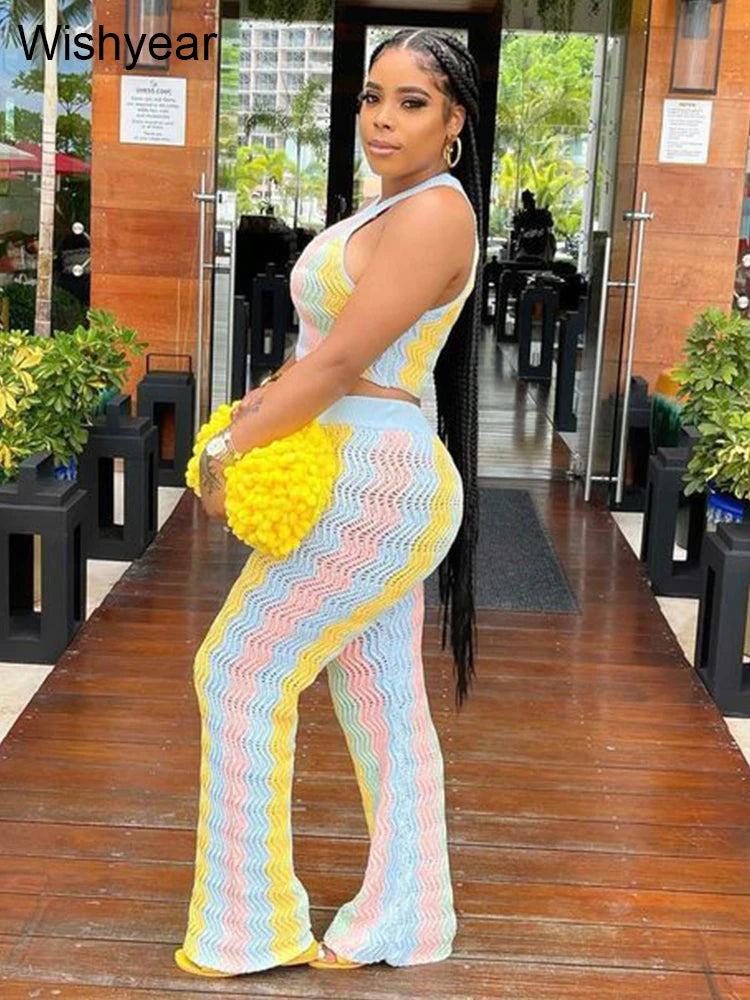 FZ Women's Rainbow Stripe Knit Ribbed Flared Pants Two 2 Piece Suit - FZwear
