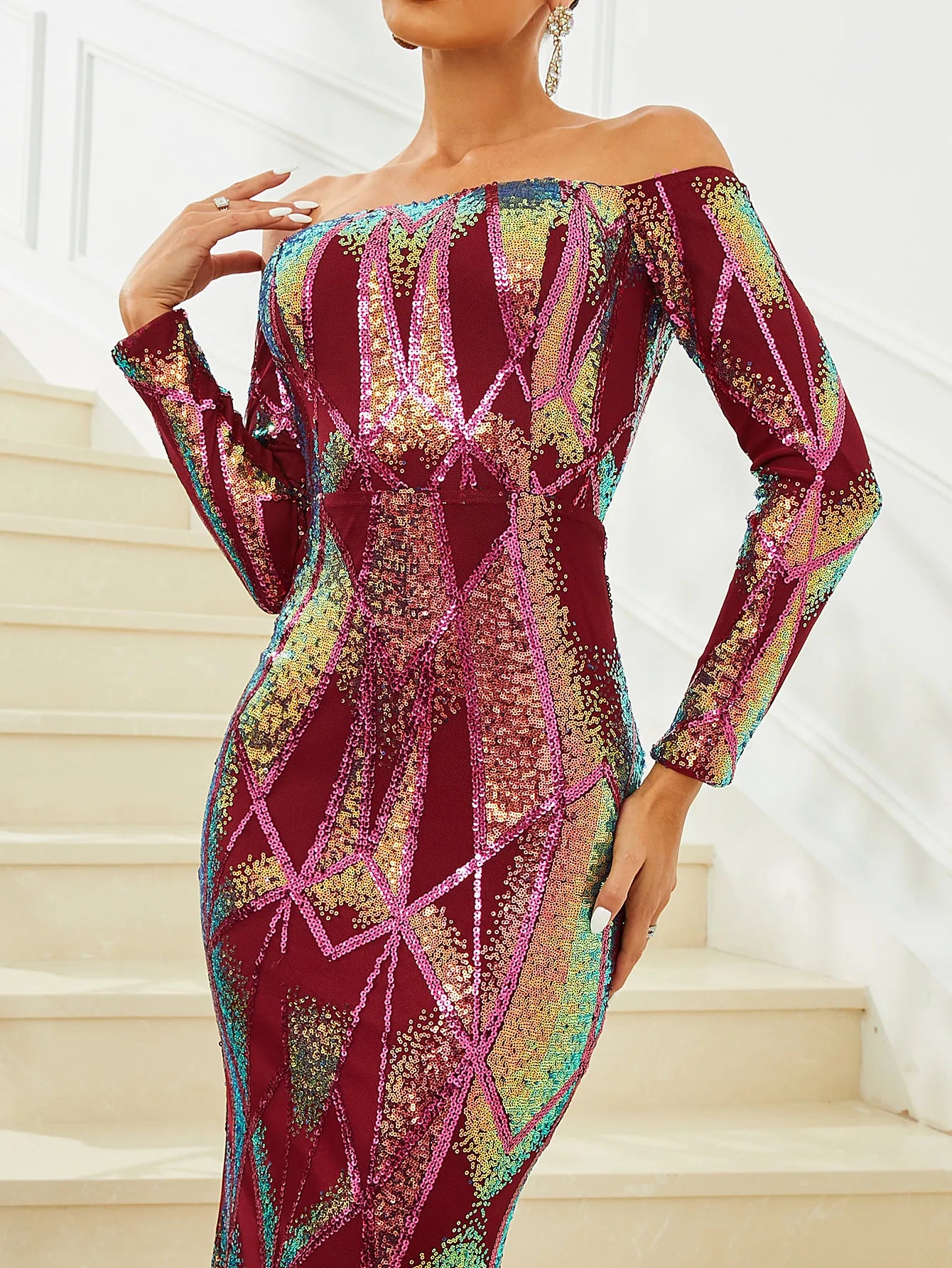 FZ Women's Elegant Red Print Sequin Mermaid Evening Dress - FZwear