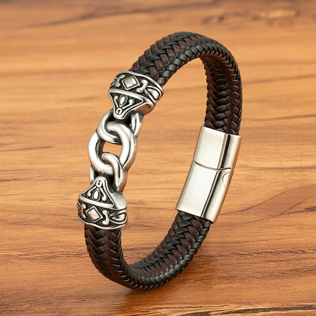 FZ Men's Stainless Steel Interlocking Leather Braided Bracelets