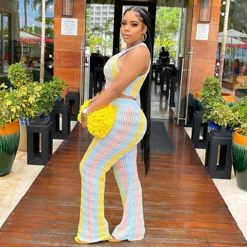 FZ Women's Knitted Striped Sleeveless Flare 2 Piece Pants Suit