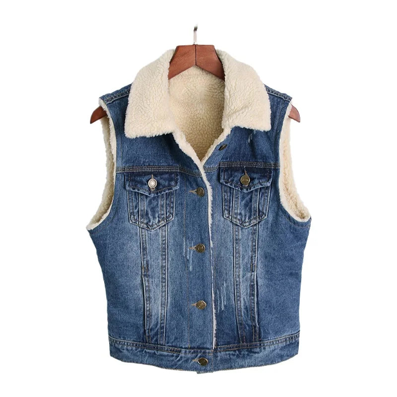 FZ Women's Slim Fit Lamb Fur Thickened Sleeveless Denim Jacket