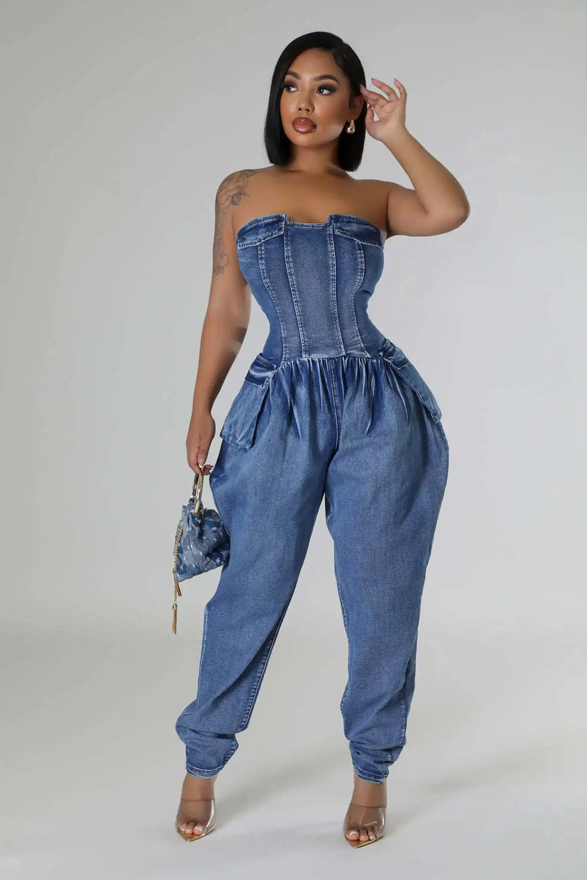 FZ Women's Multi Pockets Strapless Elegant Denim Jumpsuit