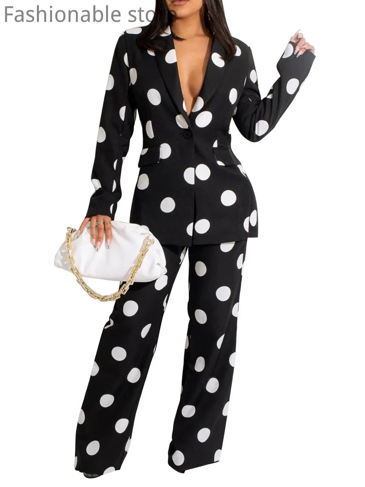 FZ Women's One Button Dot Print High Waist Straight Pants Suit