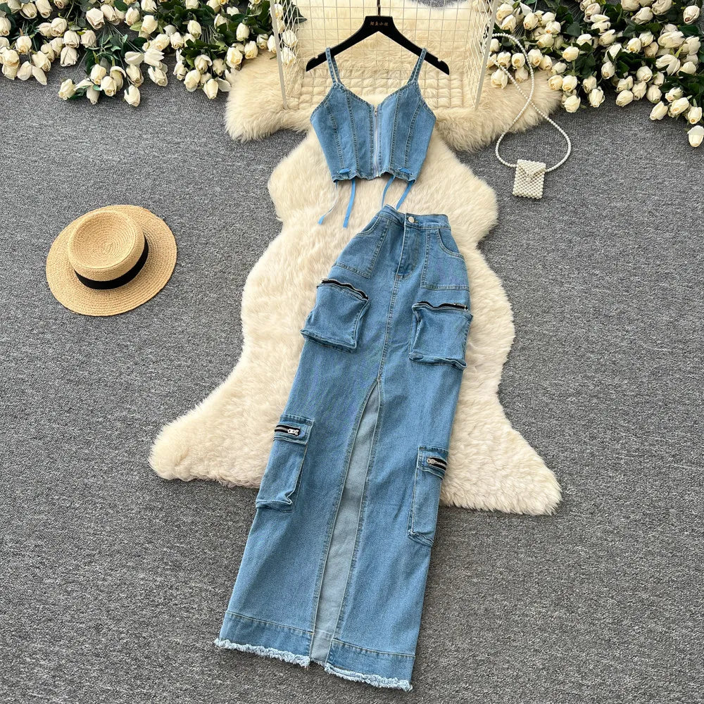 FZ Women's Sling Strapless A Line High Waist Two Piece Denim Skirt Suit