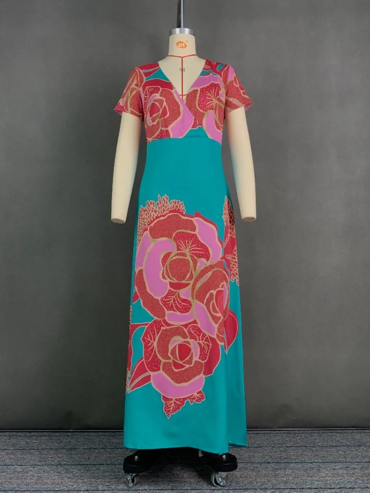 FZ Women's Deep V-neck Short Sleeves High Waist Floral Printed Maxi Dress