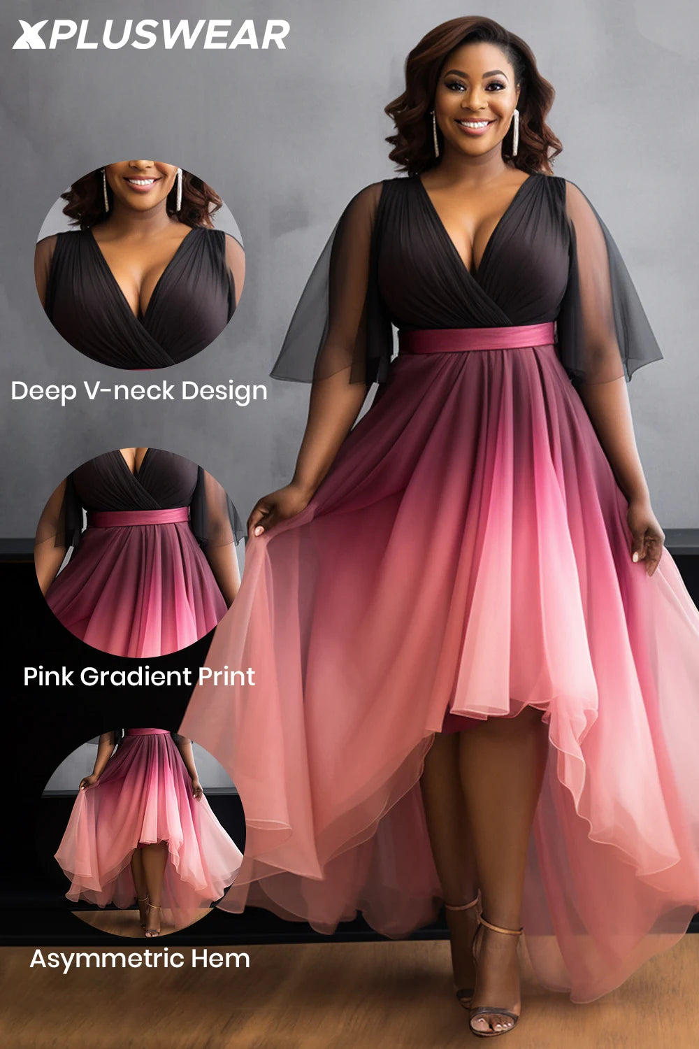 FZ Women's Plus Size Gradient V Neck Short Sleeve Asymmetric Hem Chiffon Midi Dress