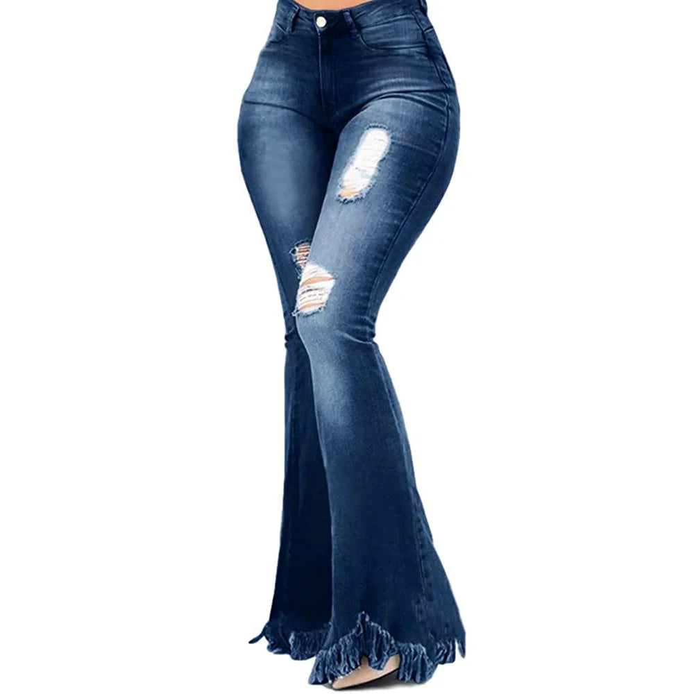 FZ Women's Full Length Flared High Waist Holes Bell Bottom Denim Pants - FZwear