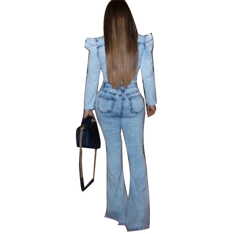 FZ Women's Bleached Washed Mid Waist Single Breasted Vintage Denim Jumpsuit