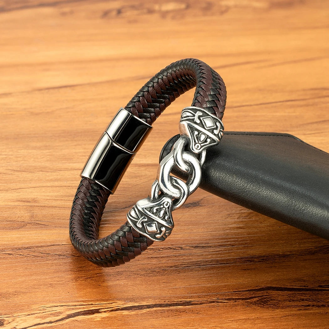 FZ Men's Stainless Steel Interlocking Leather Braided Bracelets