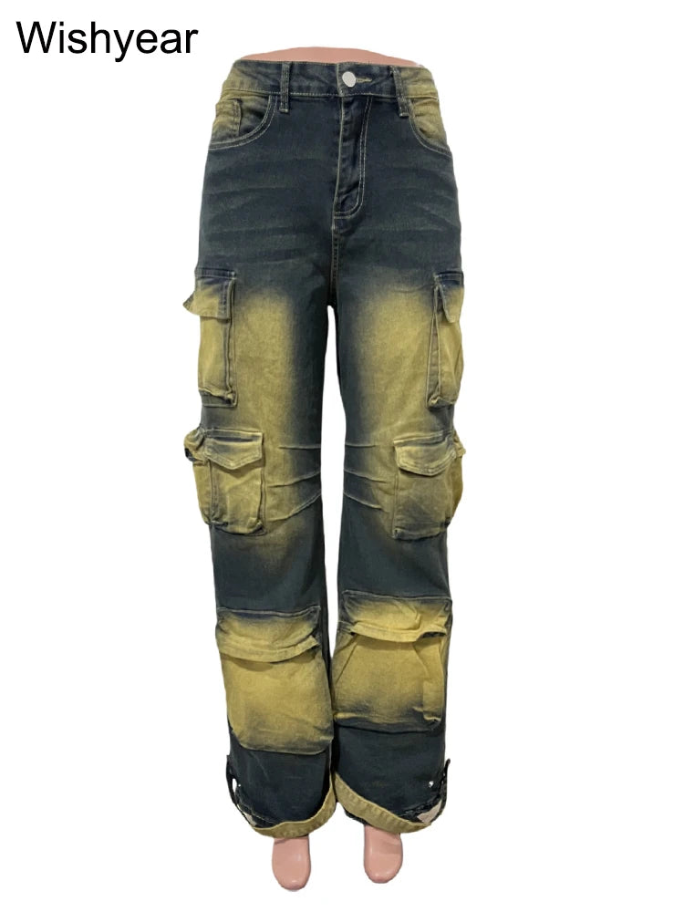 FZ Women's Retro Fashion Tie-dye Wide Leg Washed Mid Waist Denim Pants