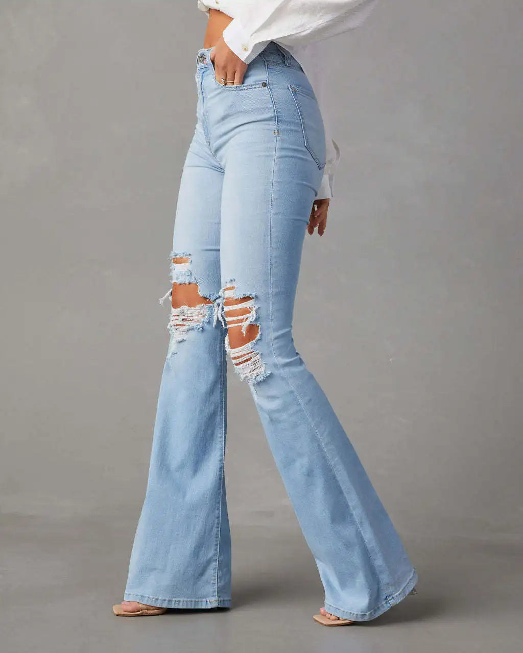 FZ Women's High Waist Flare Ripped Distressed Denim Pants - FZwear