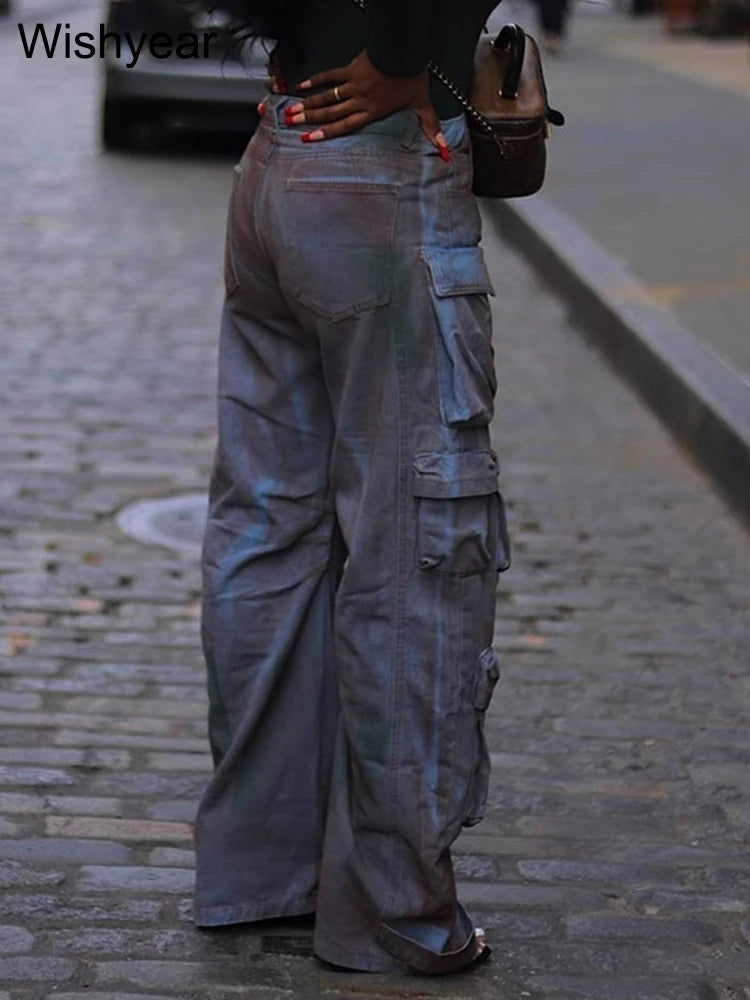 FZ Women's Vintage Wide Leg Inkjet Cargo Streetwear Straight High Waist Denim Pants