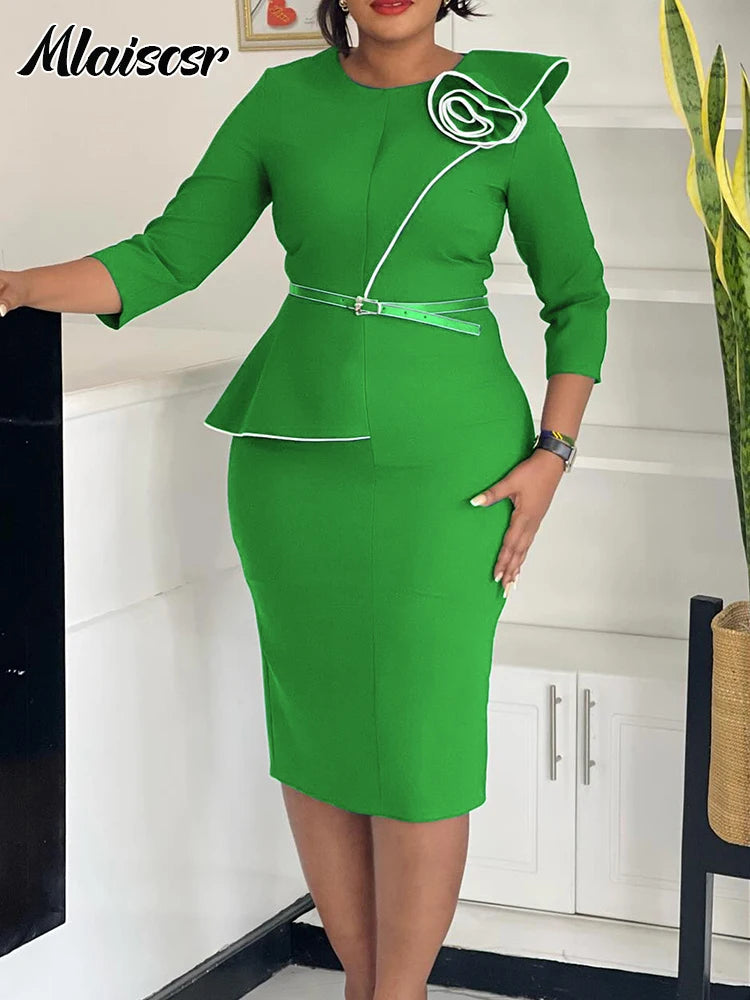 FZ Women's 3D Flowers 3/4 Sleeve O-neck Mid Evening Dress