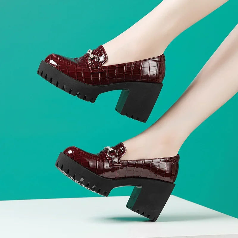 FZ Women's Rhinestone Waterproof Platform Thick Sole Leather Shoes