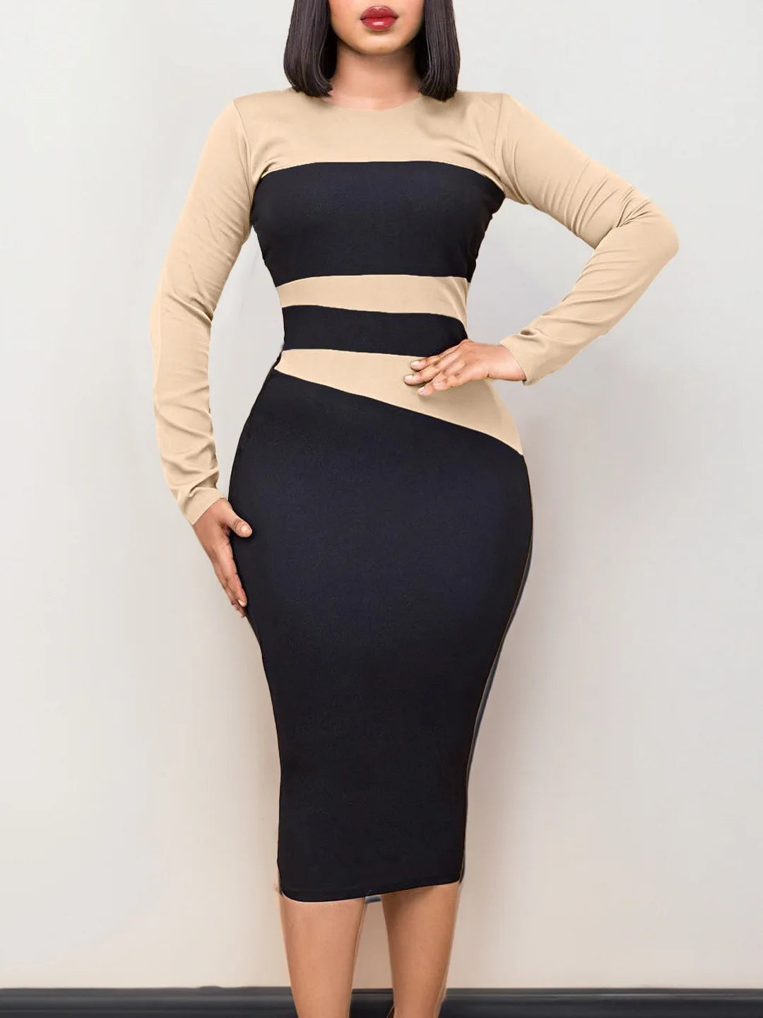 FZ Women's Elegant Patchwork Sheath Package Hips Mid Calf Work Dress - FZwear