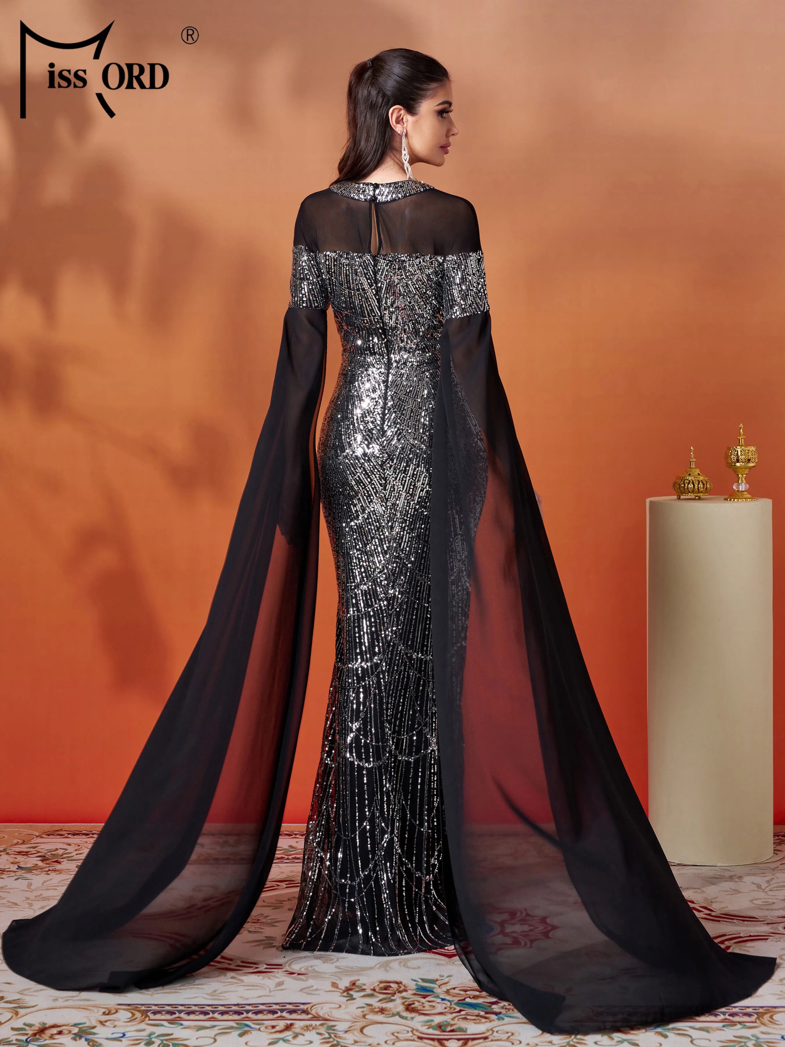 FZ Women's New Round Neck Extend Sleeves Sequin Mermaid Evening Dress