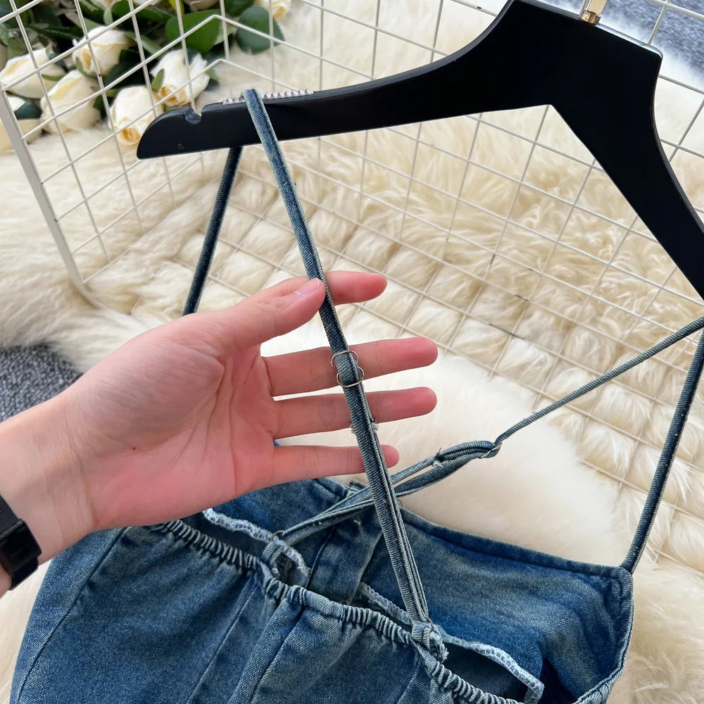 FZ Women's Sling Strapless A Line Streetwear Sleeveless Denim Dress