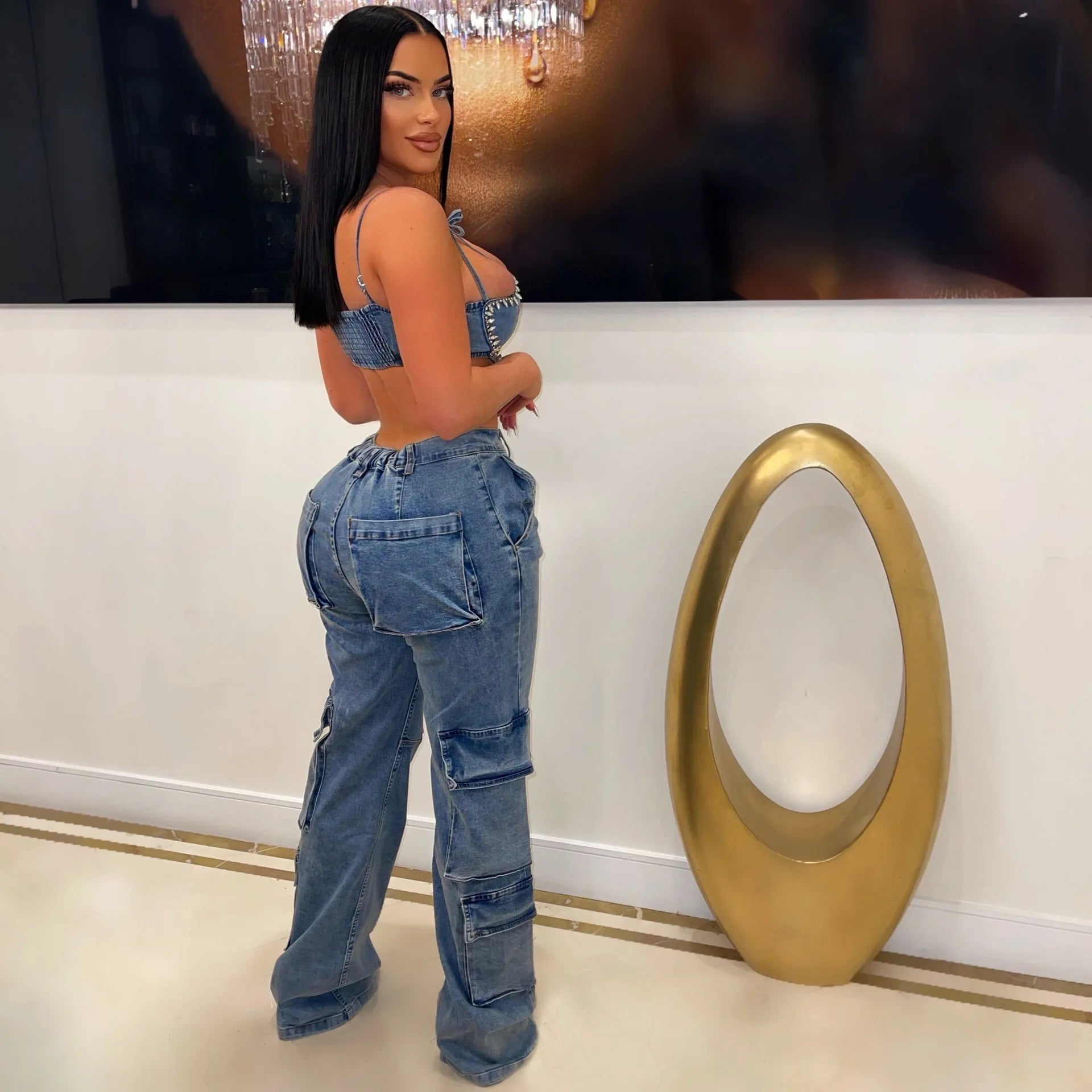 FZ Women's High Waist Multi Pockets Streetwear Denim Pants