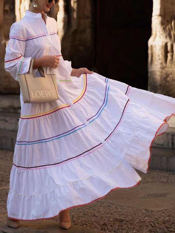 FZ Women's Evening Button Mock Neck Puff Sleeves A-line Maxi Dress