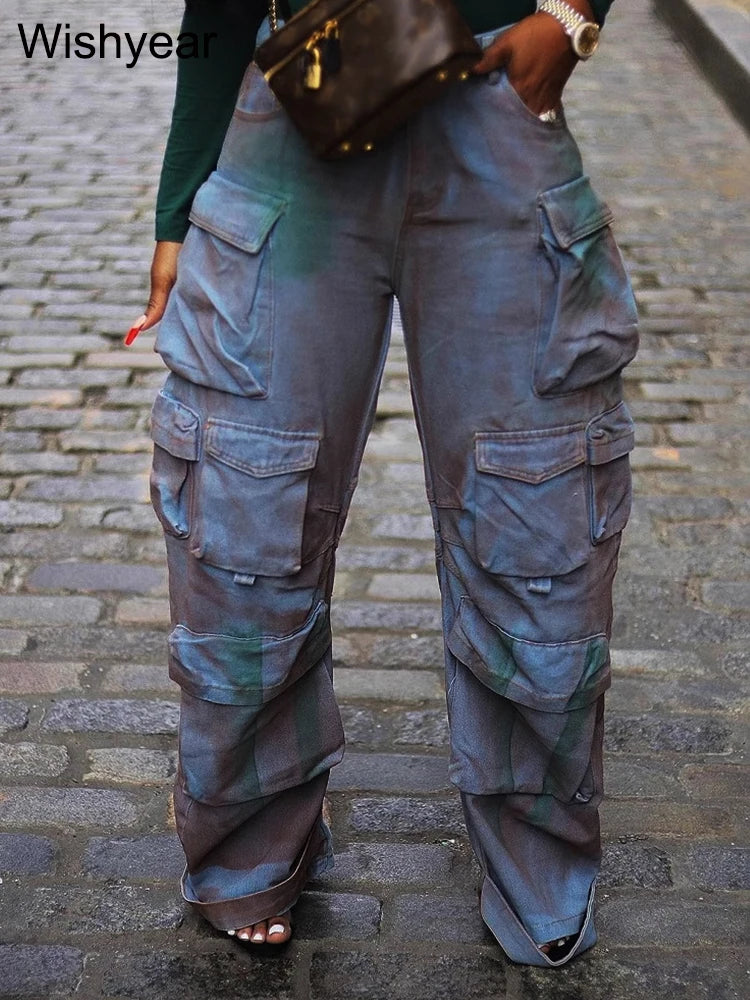 FZ Women's Vintage Wide Leg Inkjet Cargo Streetwear Straight High Waist Denim Pants
