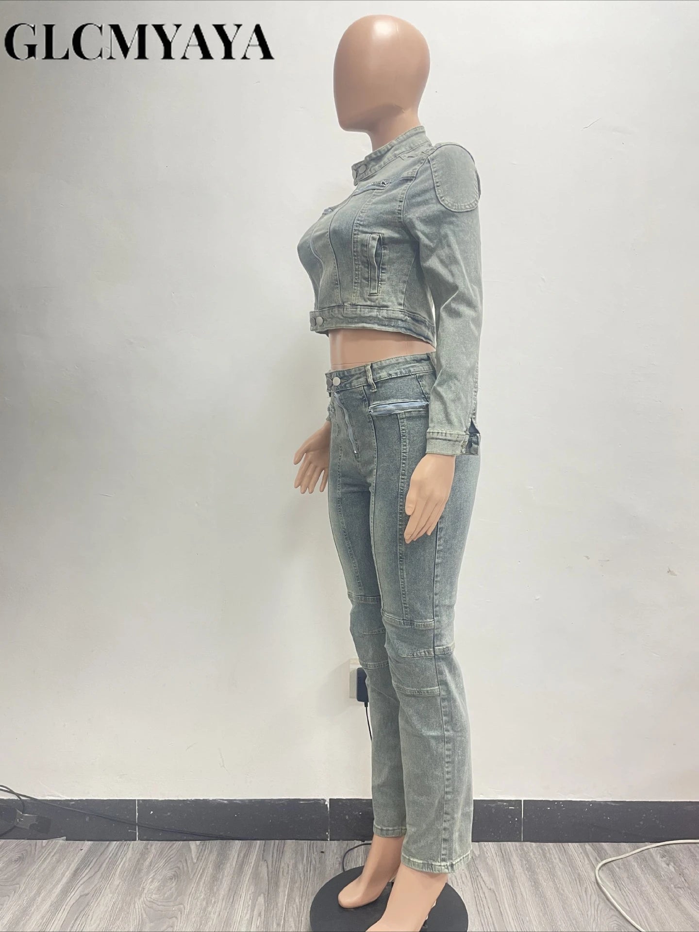 FZ Women's Patchwork Pencil Street Two 2 Piece Washed Denim Pants Suit