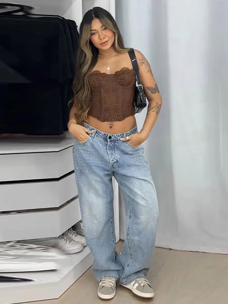 FZ Women's High Waist Lady Pocket Wide Leg Denim Pant