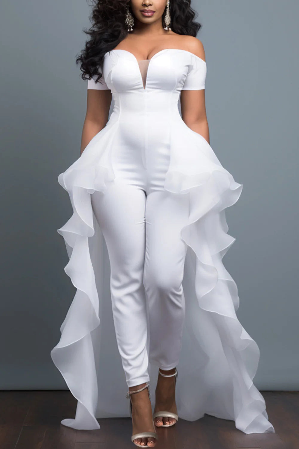 FZ Women's Plus Size Off The Shoulder Short Sleeve With Skirt Overlay Contrast Jumpsuit