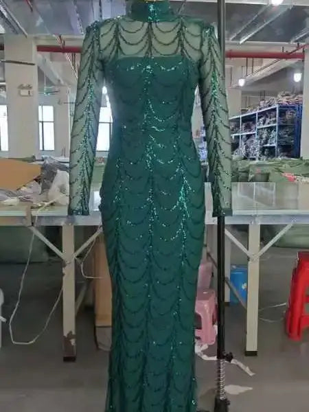 FZ Women's High Neck Long Sleeves See Though Sequin Dress