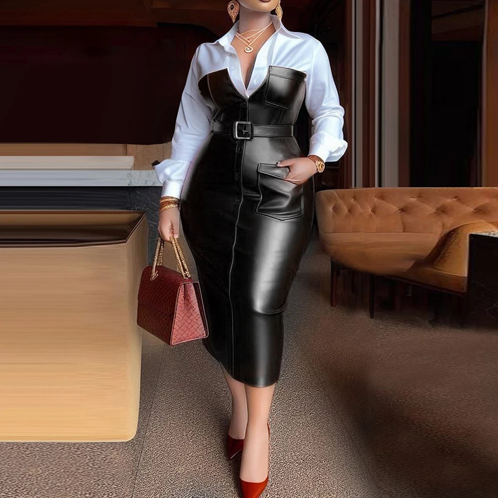 FZ Women’s PU Leather Patchwork Long Sleeves Lapel Slim Shirt Dress