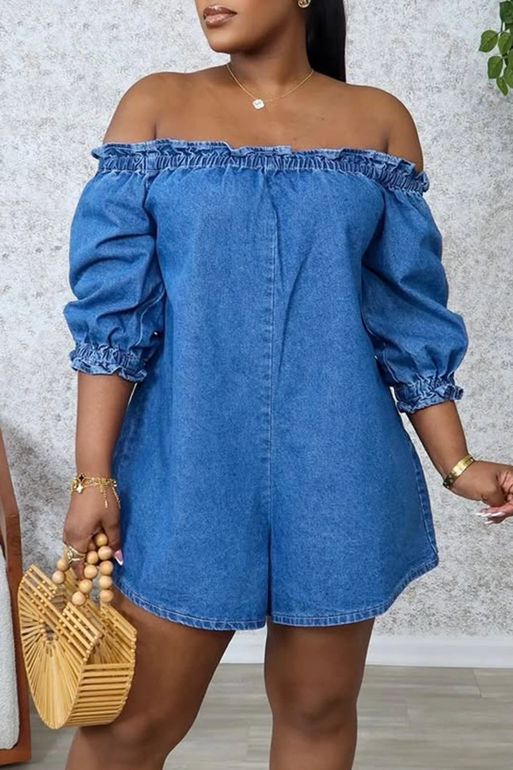 FZ Women's Plus Size Off The Shoulder Puff Sleeve Half Sleeve Pocket Denim Jumpsuit