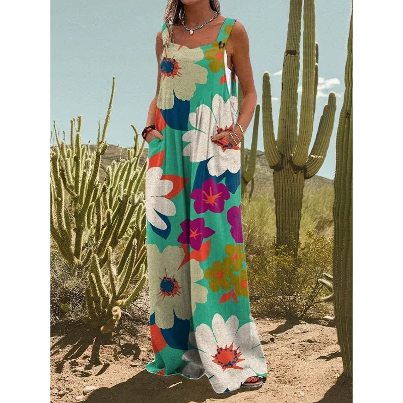 FZ Women's Vintage Flower Daisy Print Casual Strap Wide Leg Jumpsuit - 4 - FZwear