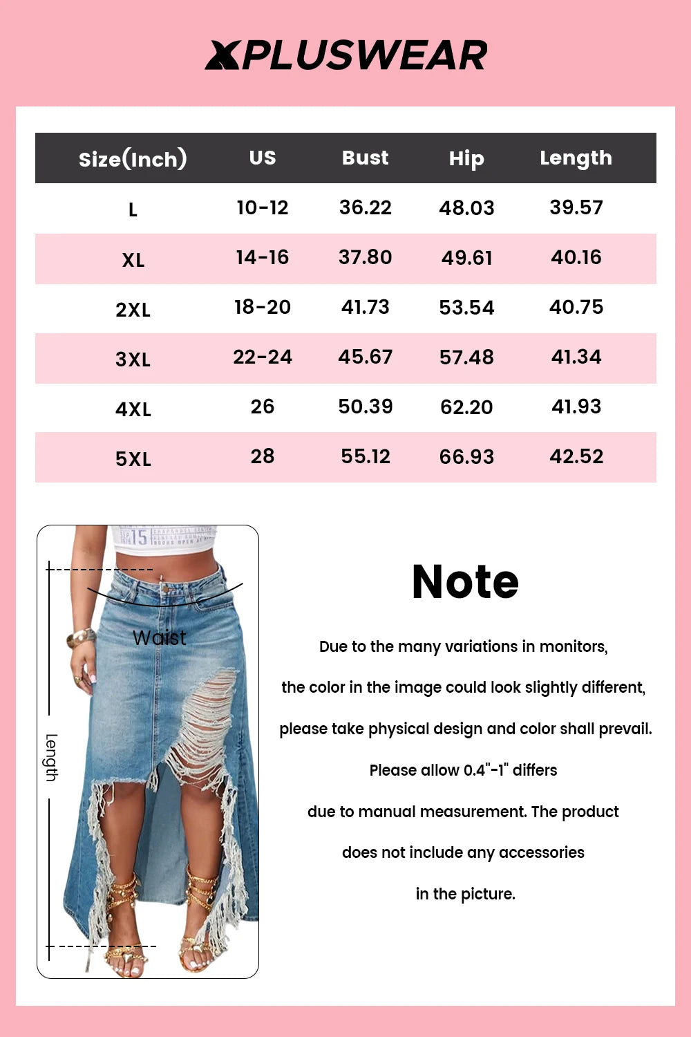 FZ Women's Plus Size Casual High Low Hem Ripped Denim Skirt
