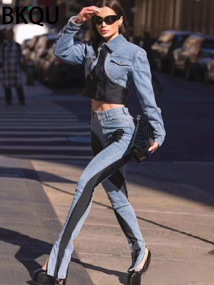 FZ Women's Skinny Pencil High Waisted Contract Color Patchwork Denim Long Pants Suit - FZwear