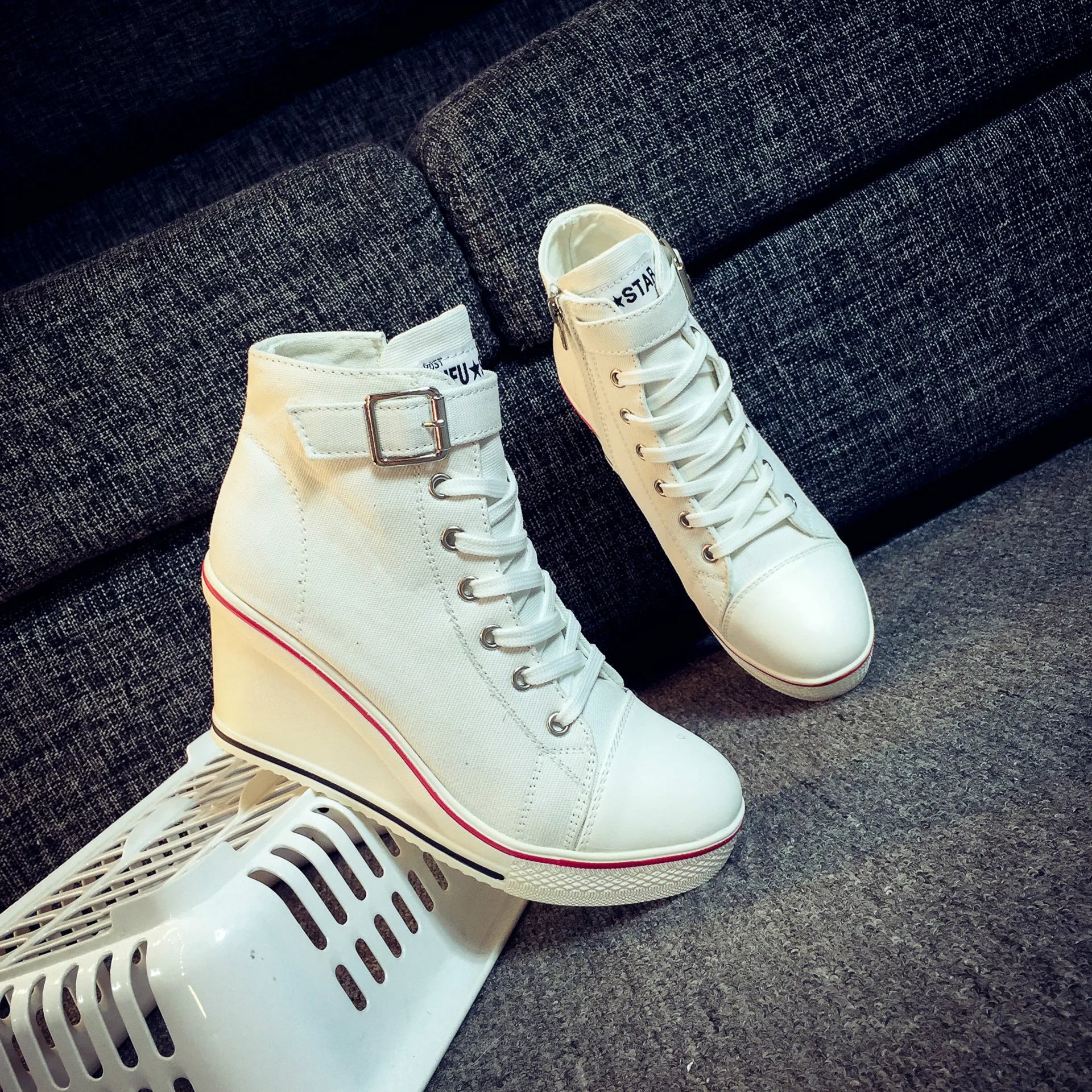FZ Women's High Top Canvas Denim Ankle Lace Wedge Shoes