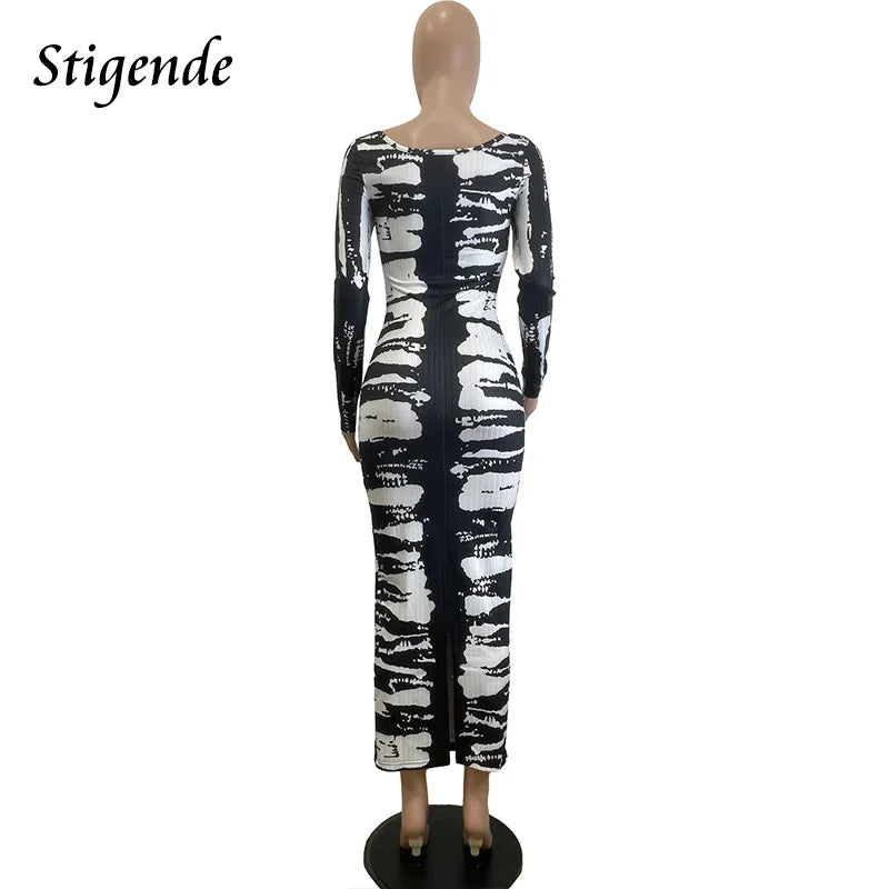 FZ Women's Fashion Print Long Ribbed Slim Fit Back Split Dress DSers