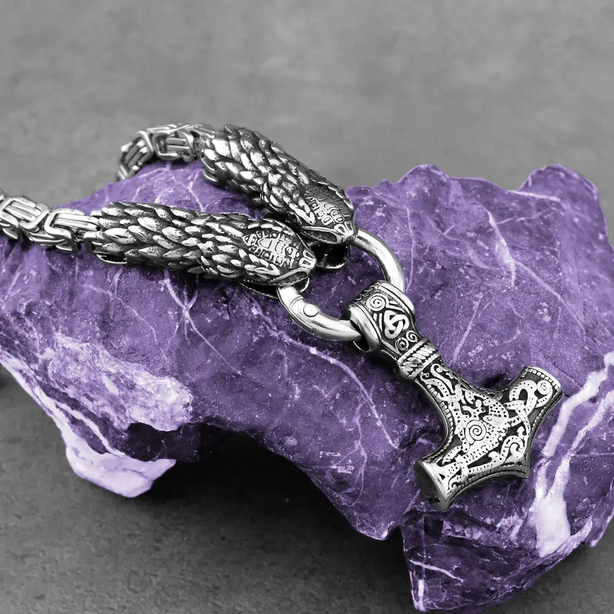 Stainless Steel Men's Viking Thor's Hammer Pendant Snake Head Square Necklace Fashion Hip Hop Biker Nordic Jewelry Wholesale FZwear