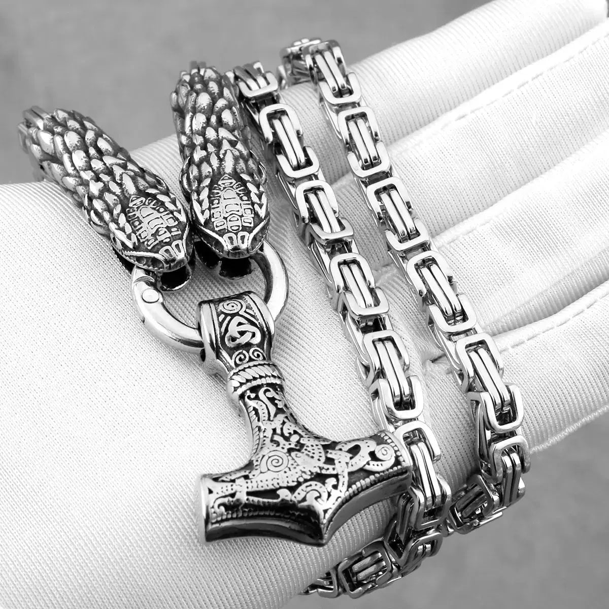 Stainless Steel Men's Viking Thor's Hammer Pendant Snake Head Square Necklace Fashion Hip Hop Biker Nordic Jewelry Wholesale FZwear
