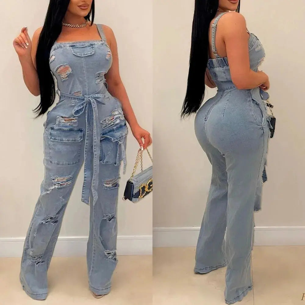 Summer women Sexy Ripped Fringe Wrapped Chest Denim Jumpsuit Lady Casual Sleeveless Bodycon Straight-leg pants Jeans Rompers FZwear