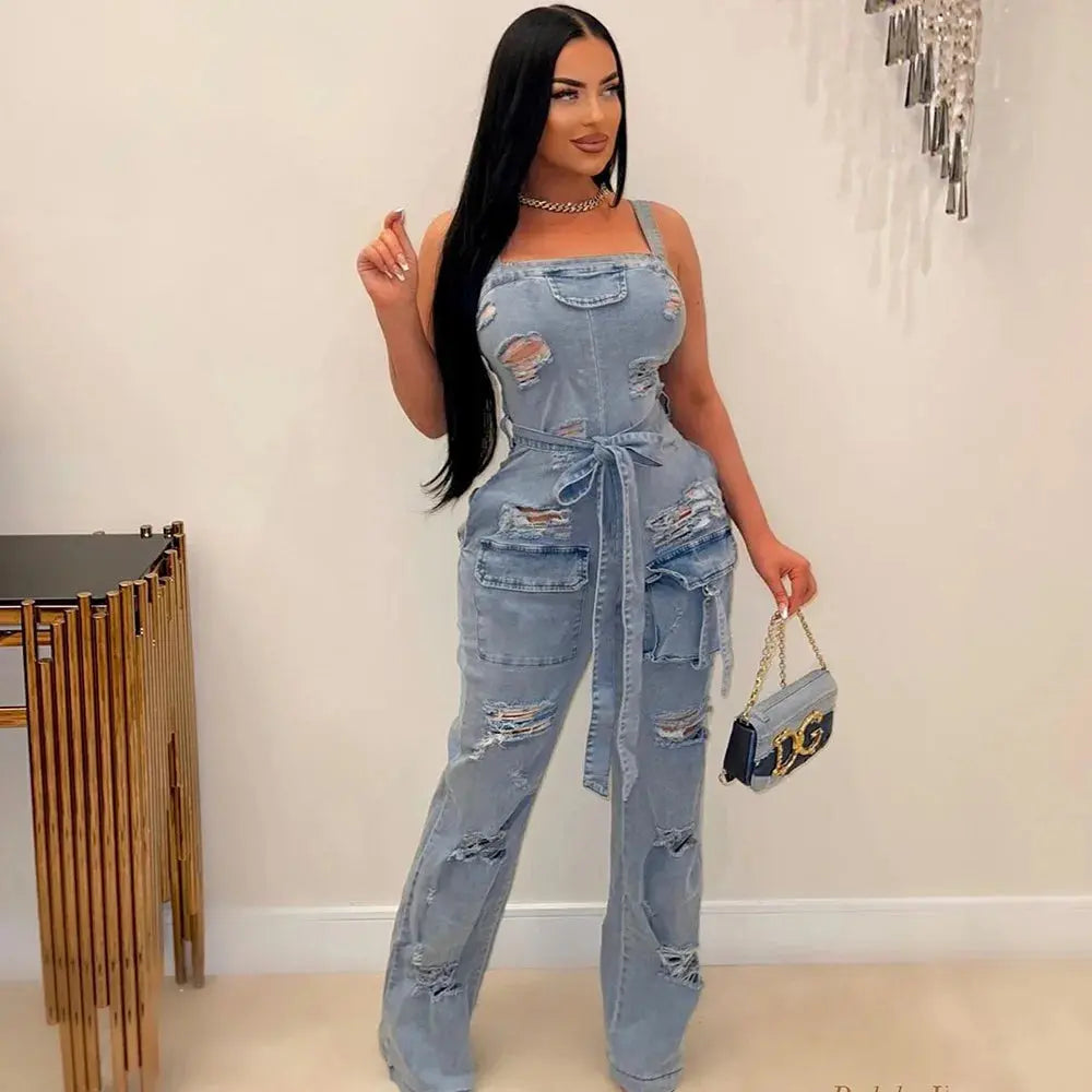 Summer women Sexy Ripped Fringe Wrapped Chest Denim Jumpsuit Lady Casual Sleeveless Bodycon Straight-leg pants Jeans Rompers FZwear
