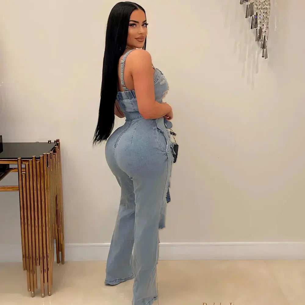 Summer women Sexy Ripped Fringe Wrapped Chest Denim Jumpsuit Lady Casual Sleeveless Bodycon Straight-leg pants Jeans Rompers FZwear