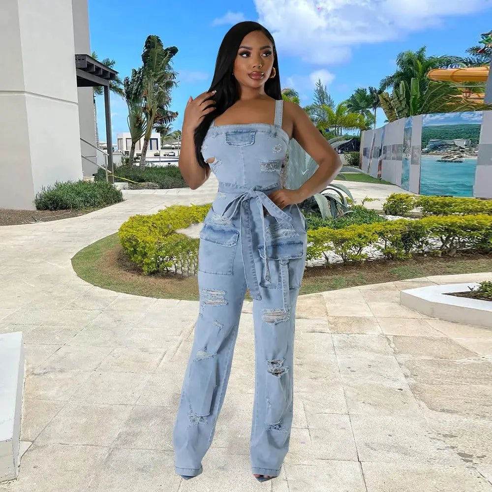 Summer women Sexy Ripped Fringe Wrapped Chest Denim Jumpsuit Lady Casual Sleeveless Bodycon Straight-leg pants Jeans Rompers FZwear