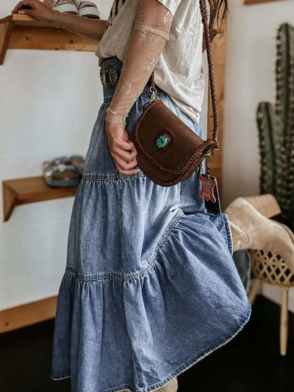 Tiered Button-Fly Denim Skirt Trendsi