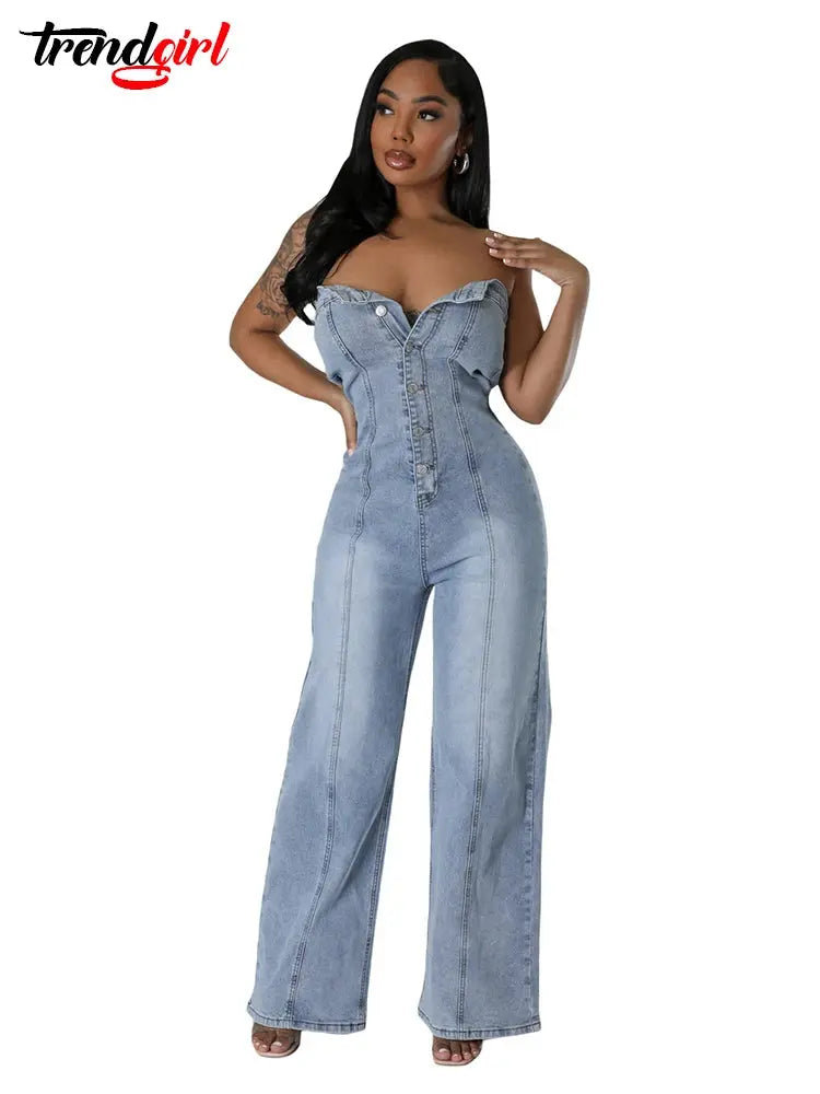 FZ Women's Off Shoulder Backless Denim Jumpsuit